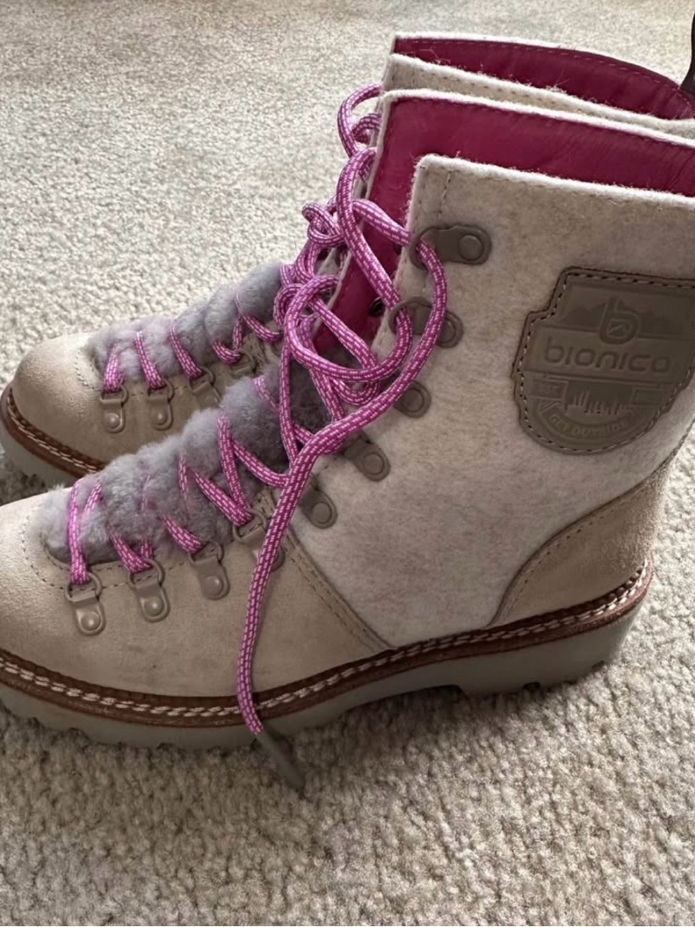 Bionica Women's Beige Darlene Wool Hiker Boot with Pink Laces